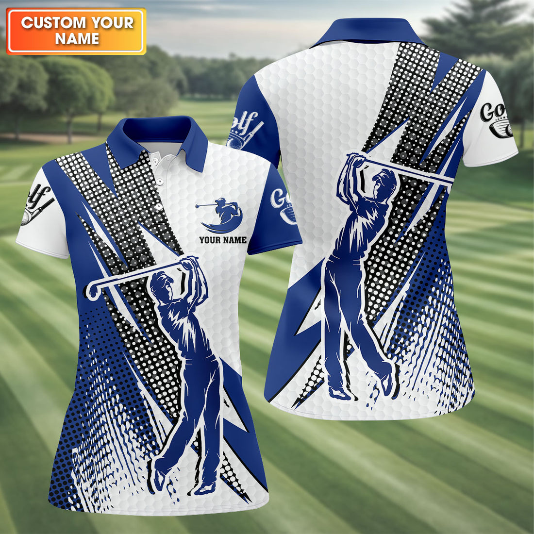 Blue White Women's Golf Tops, Customized Golf Polos, Ladies Golf Polos, Funny Golf Shirt