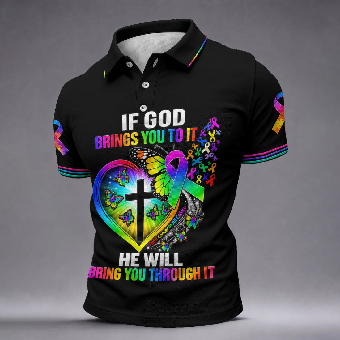 If God Brings You To It Butterfly Cancer Polo Shirt, Mens Golf Polo, Men's Golf Shirt