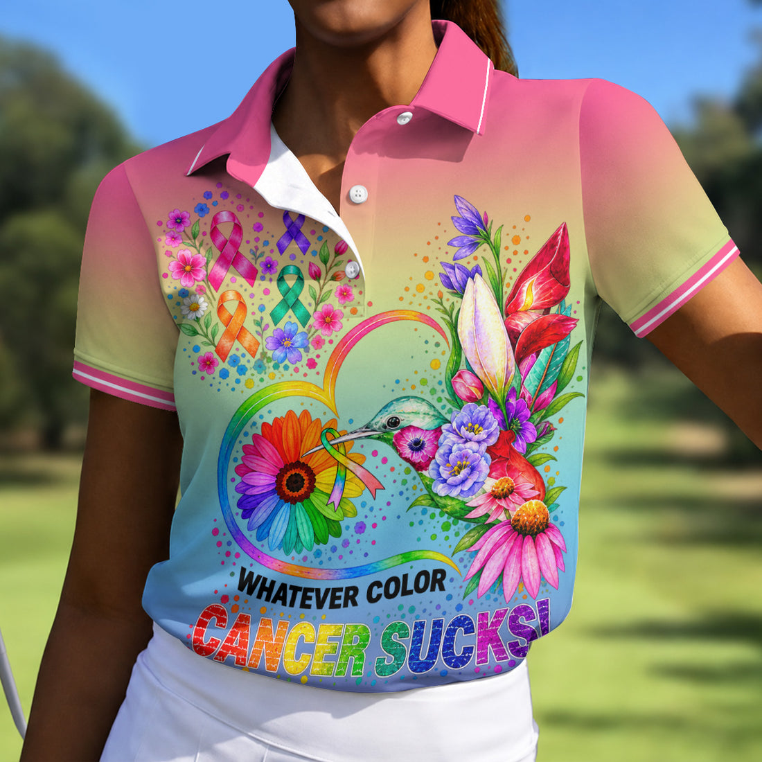 Whatever Color Cancer Sucks Hummingbird Polo Shirt, Ladies Golf Tops, Printed Golf Shirt