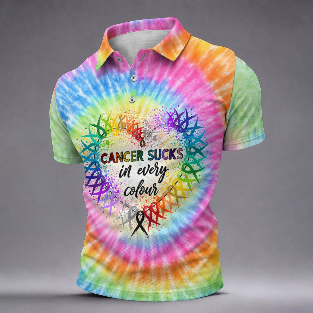 Cancer Sucks In Every Colour Tie Dye Ribbon Polo Shirt, Men's Golf Shirt, Mens Golf Polo