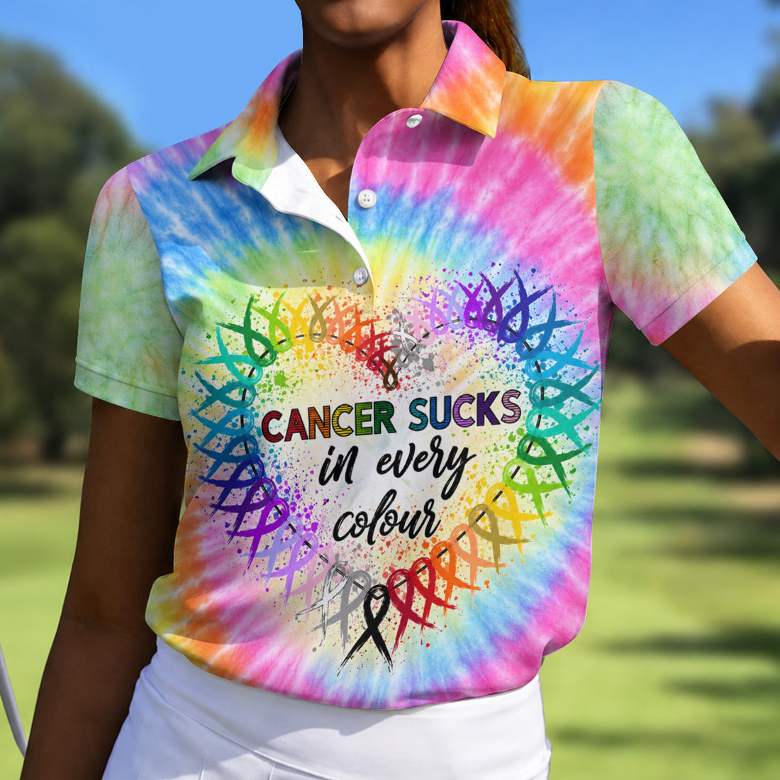 Cancer Sucks In Every Colour Tie Dye Ribbon Polo Shirt, Ladies Golf Tops, Printed Golf Shirt