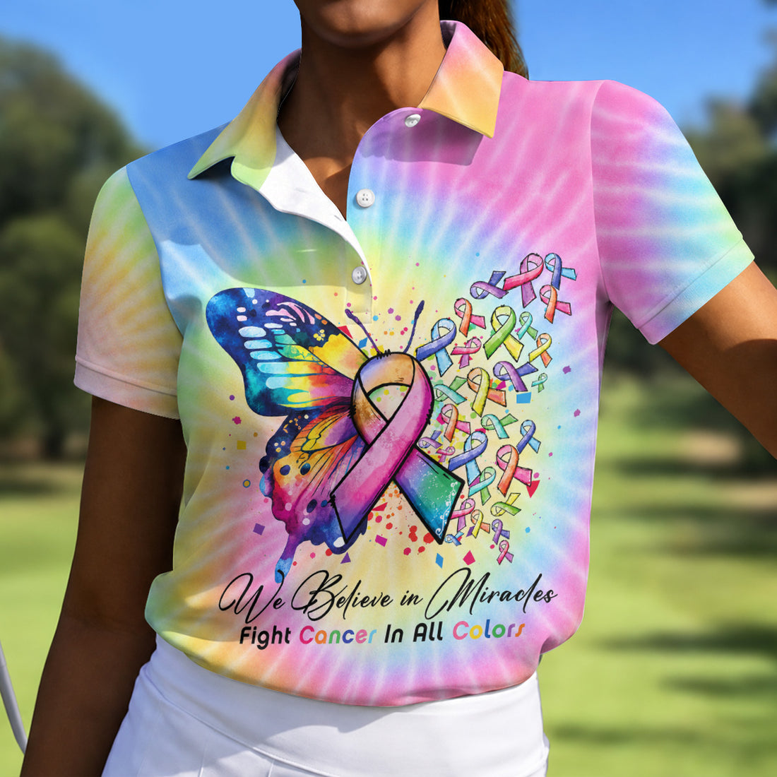 We Believe In Miracles Cancer Ribbon Polo Shirt, Women's Golf Polo, Golf Tops For Women