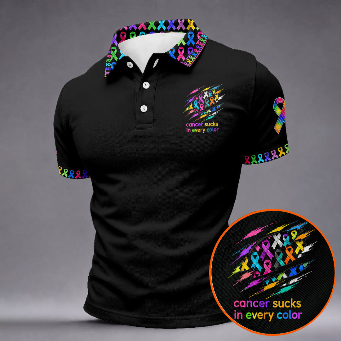 Cancer Sucks In Every Color Awareness Ribbon Polo Shirt, Golf Polo Shirts For Men