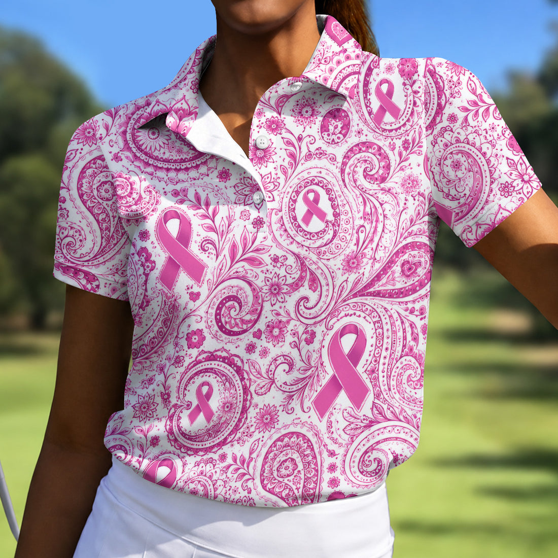 Pink Ribbon Paisley Breast Cancer Golf Polo Shirt, Women’s Golf Apparel, Ladies Golf Top