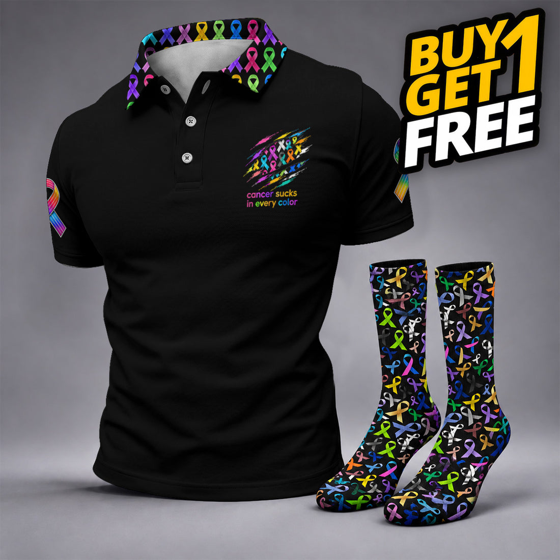FREE SOCKS Cancer Sucks In Every Color Awareness Ribbon Polo Shirt, Golf Polo Shirts For Men