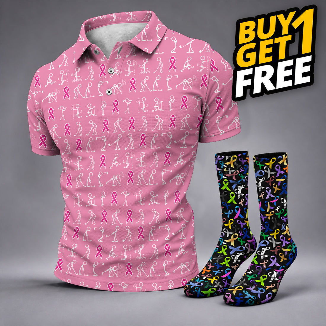 FREE SOCKS Funny Stick Figure Men's Golf Shirt, Breast Cancer Awareness Shirt, Pink Golf Shirt, Golf Shirts For Men