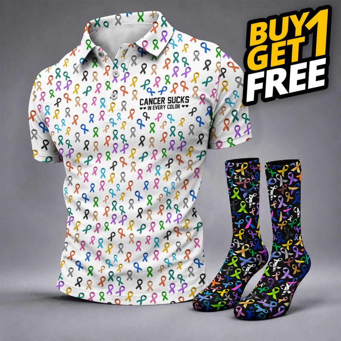 FREE SOCKS Cancer Sucks In Every Color Men's Polo Shirt, Cancer Awareness Shirt, Cancer Survivor Shirt, Golf Gift For Men