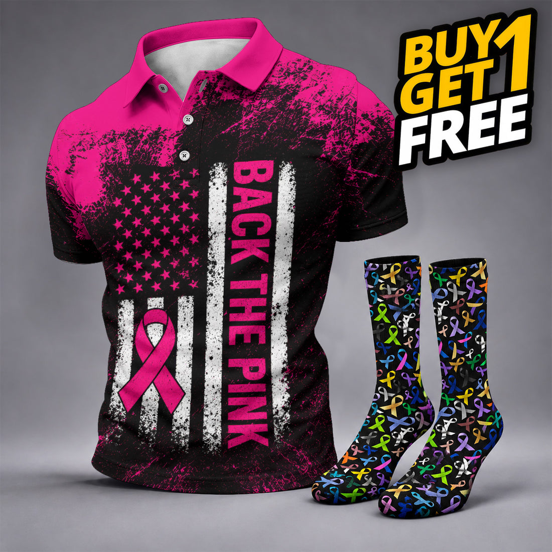 FREE SOCKS Back The Pink American Flag Breast Cancer Polo Shirt, Mens Golf Polo, Printed Golf Shirts