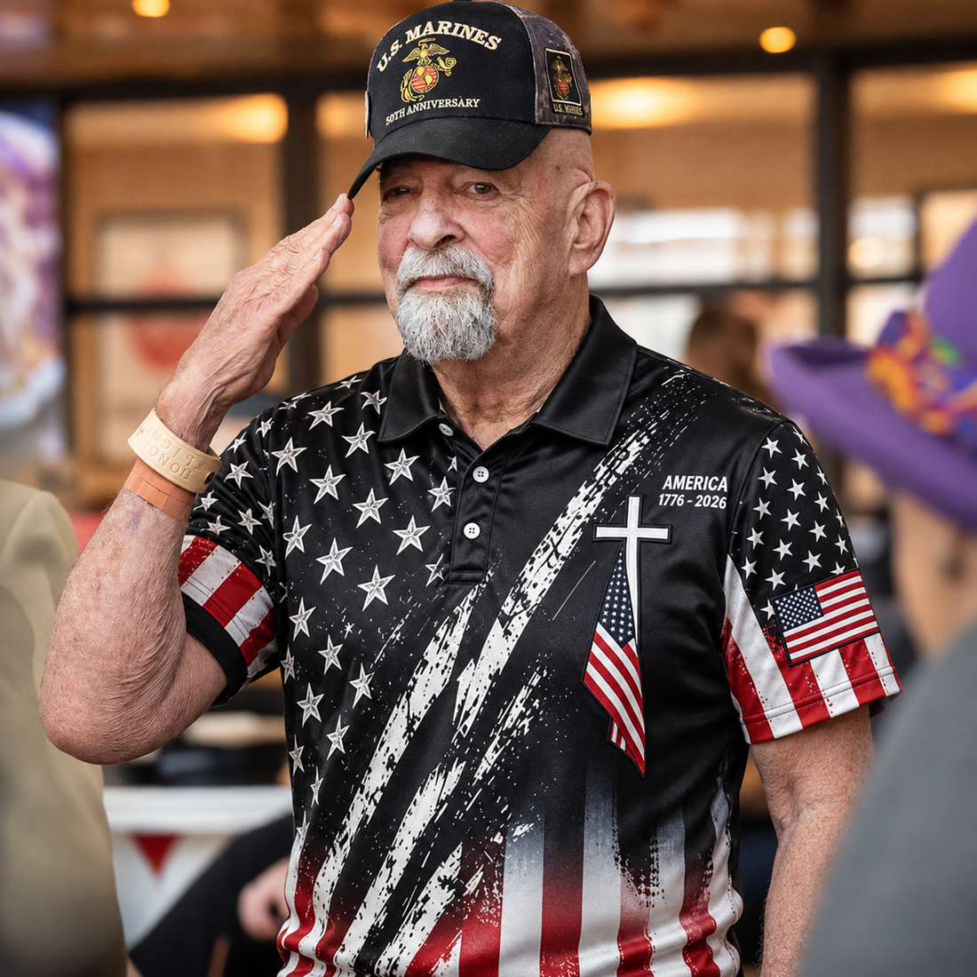 Distressed American Flag Cross USA 250th Anniversary - Mens Polo Shirt - Veterans Day Gift For Men