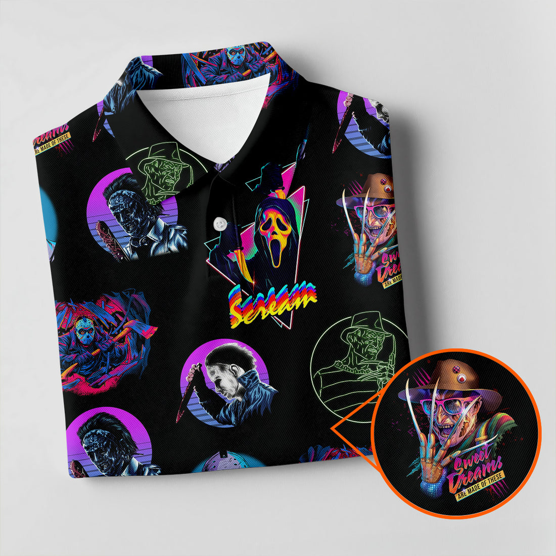 Funny Horror Character Women Golf Shirt, Horror Character Neon Shirt, Halloween Golf Shirt, Scary Halloween Shirts