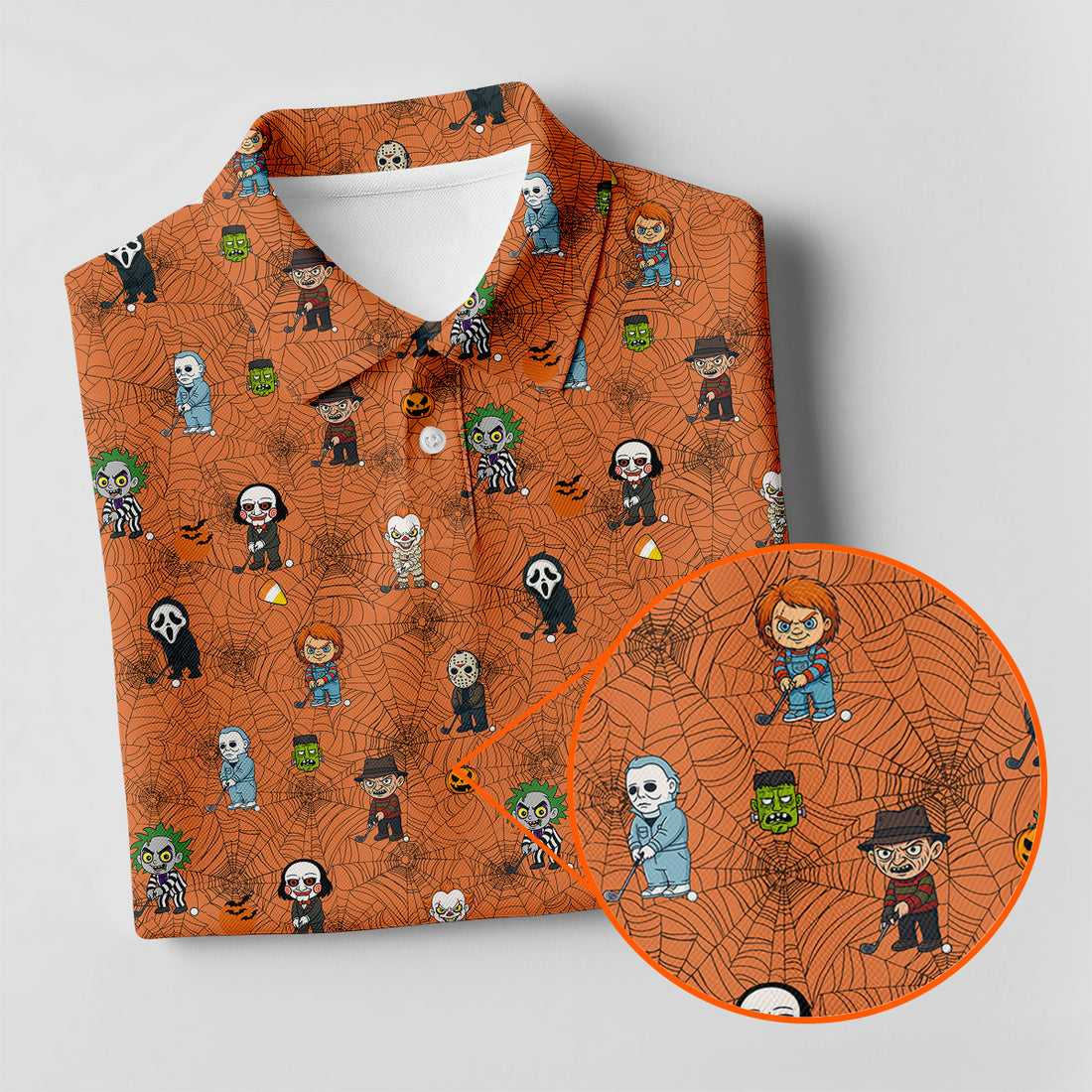 Funny Horror Character Orange Golf Polo Shirt, Horror Movie Shirt, Halloween Golf Shirt, Womens Golf Polo