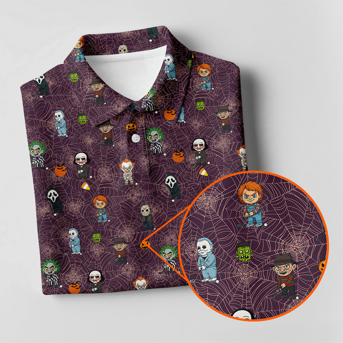 Funny Horror Character Purple Golf Polo Shirt, Horror Movie Shirt, Halloween Golf Shirt, Womens Golf Polo