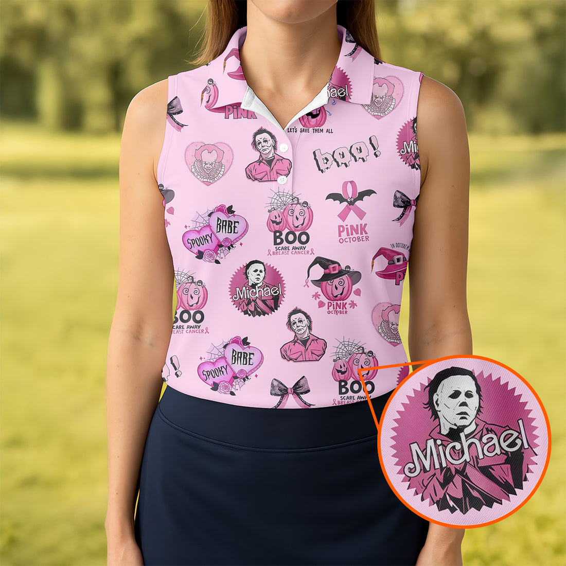 Funny Michael Horror Character Women Golf Shirt, Pink October Shirt, Halloween Golf Shirt, Ladies Golf Shirt