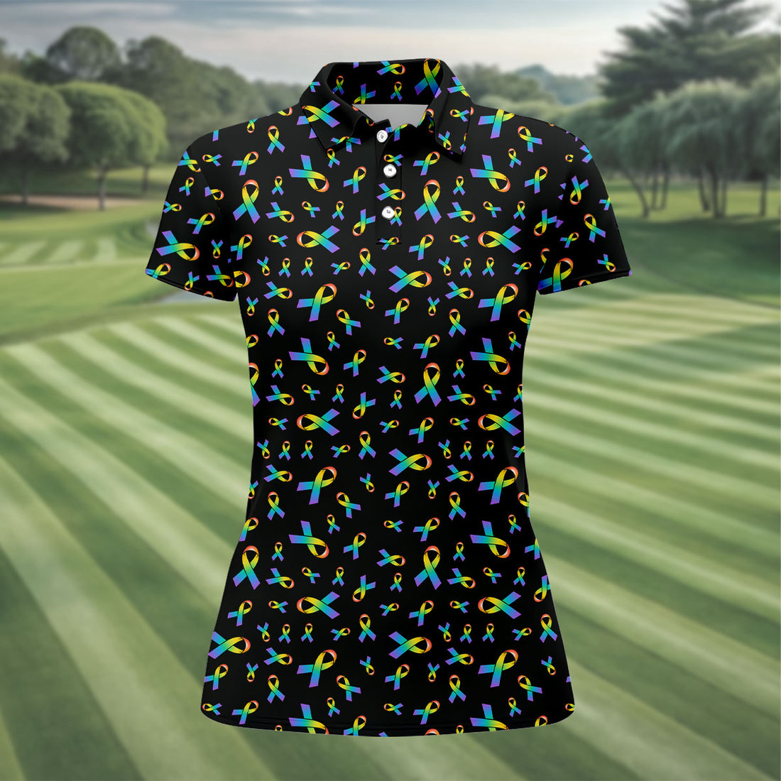Rainbow Awareness Ribbon Cancer Polo Shirt, Womens Golf Tops, Cancer Awareness Golf Shirt