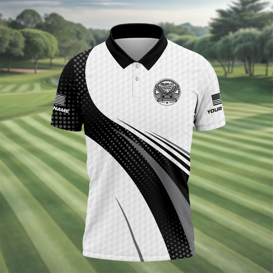 USA 250th Anniversary Black And White Golf Ball Pattern Golf Tops For Men, Patriotic Golf Shirts For Men