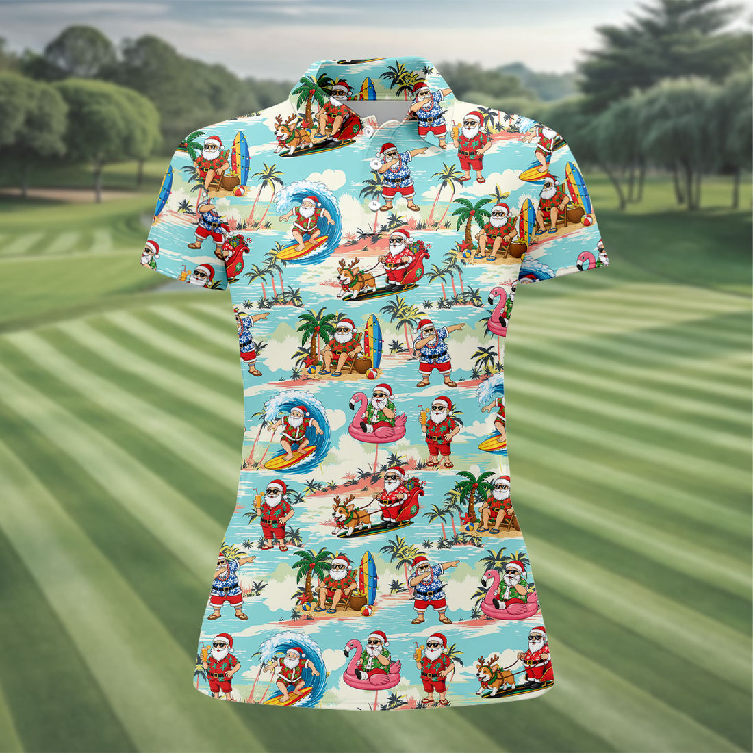 Funny Tropical Santa Beach Christmas Polo Shirt, Womens Golf Polo, Hawaiian Golf Shirt