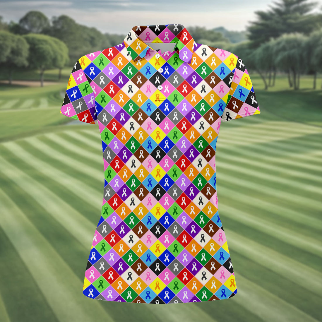 Colorful Awareness Ribbon Breast Cancer Golf Polo, Womens Golf Tops, Ladies Golf Shirts