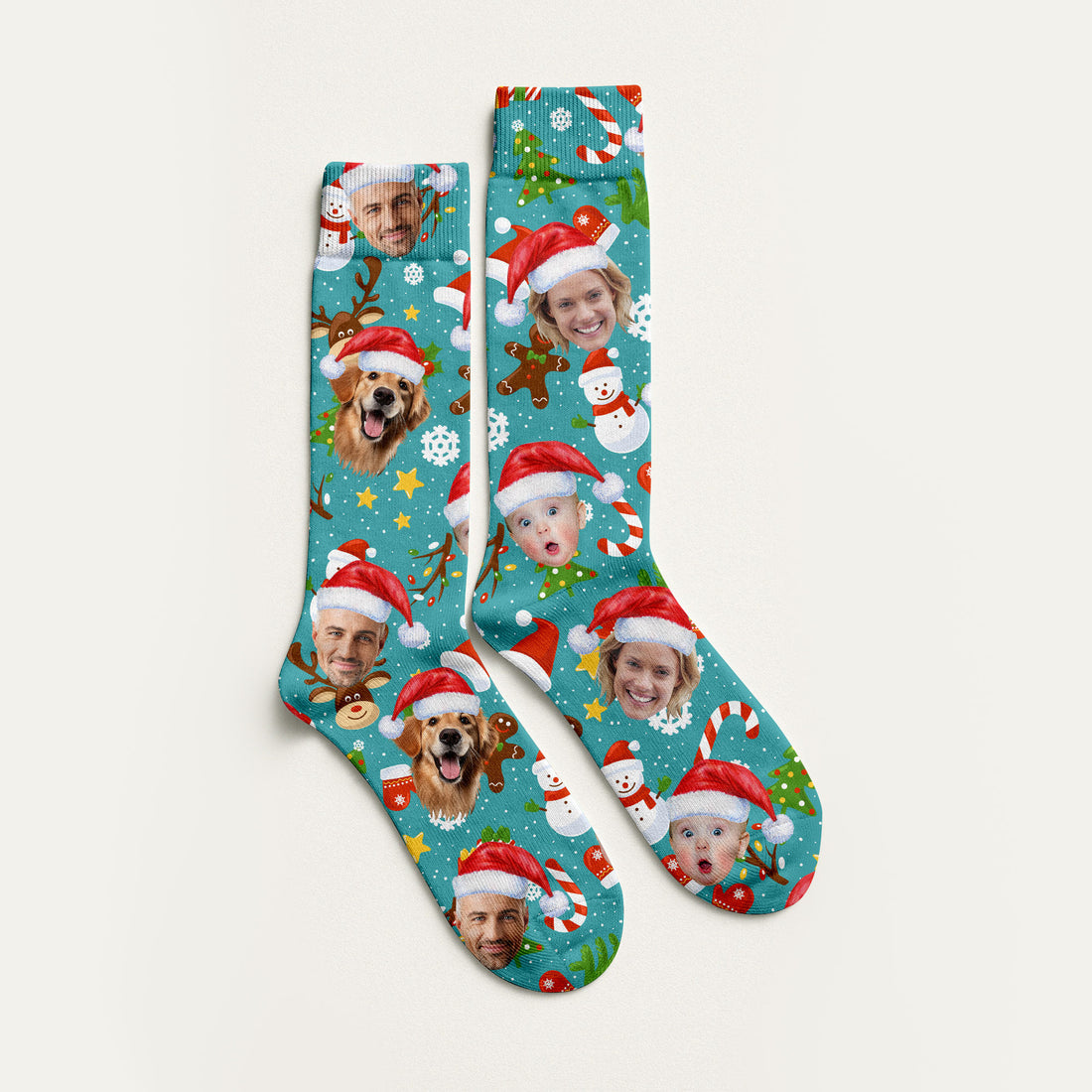Custom Face Cute Christmas Pattern Teal Golf Socks, Christmas Golf Gift, Custom Golf Accessories