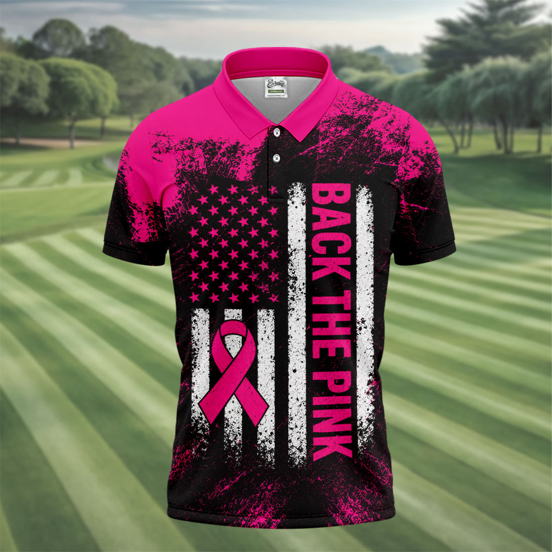 Back The Pink American Flag Breast Cancer Polo Shirt, Mens Golf Polo, Printed Golf Shirts