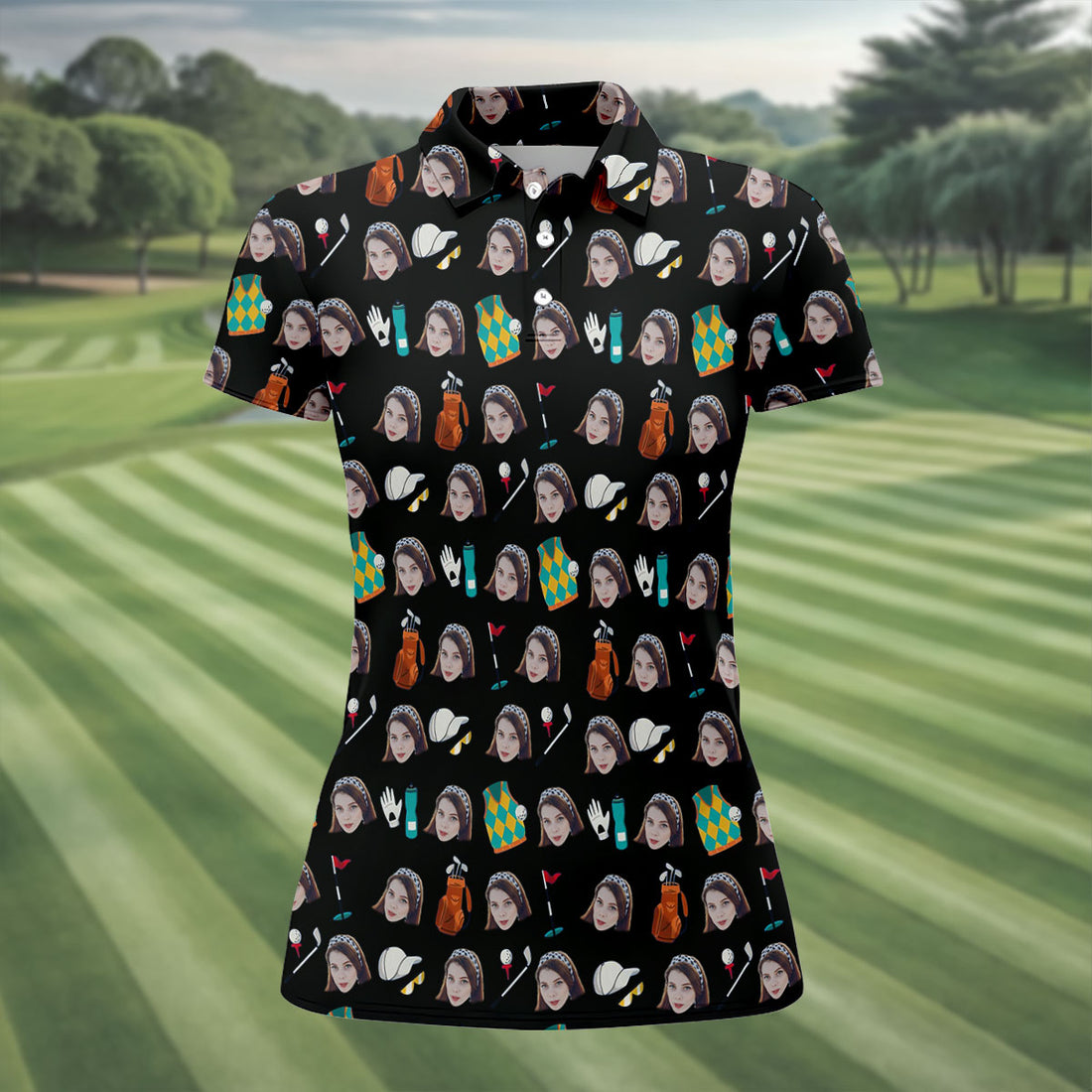 Black Custom Photo Golf Icons Polo Shirt, Women’s Golf Apparel, Printed Golf Shirt