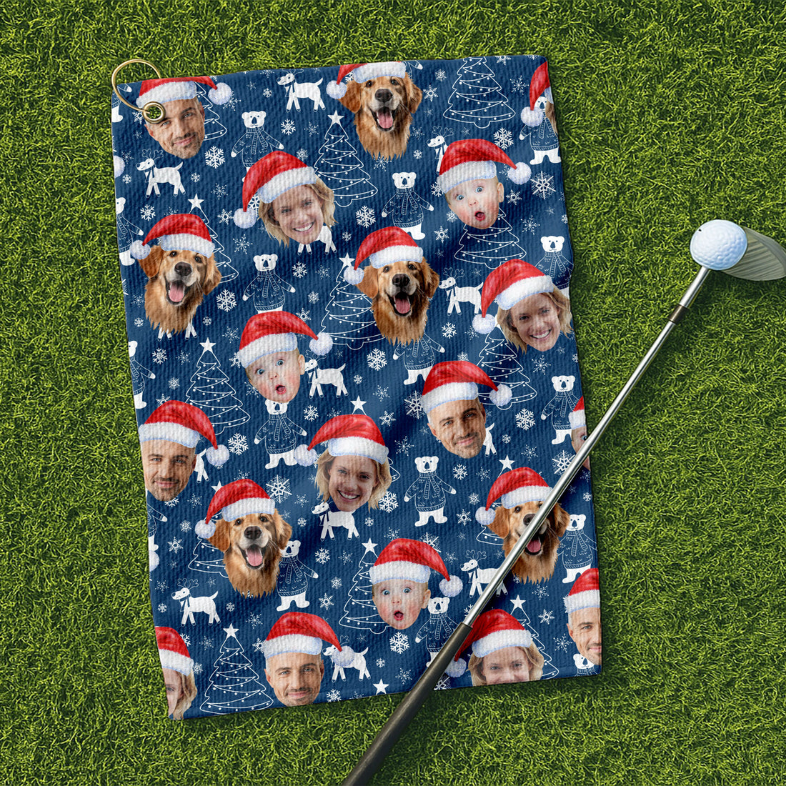 Custom Face Snow Figure Navy Golf Towel, Christmas Golf Gift, Golf Gift Idea