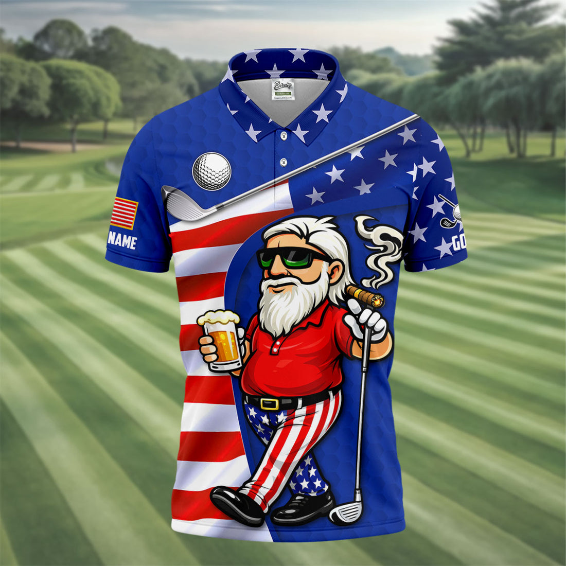 Golf And Beer Patriotic Man Golf Ball Pattern 4th Of July Navy Golf Shirt, 250th Anniversary Golf Shirts For Men