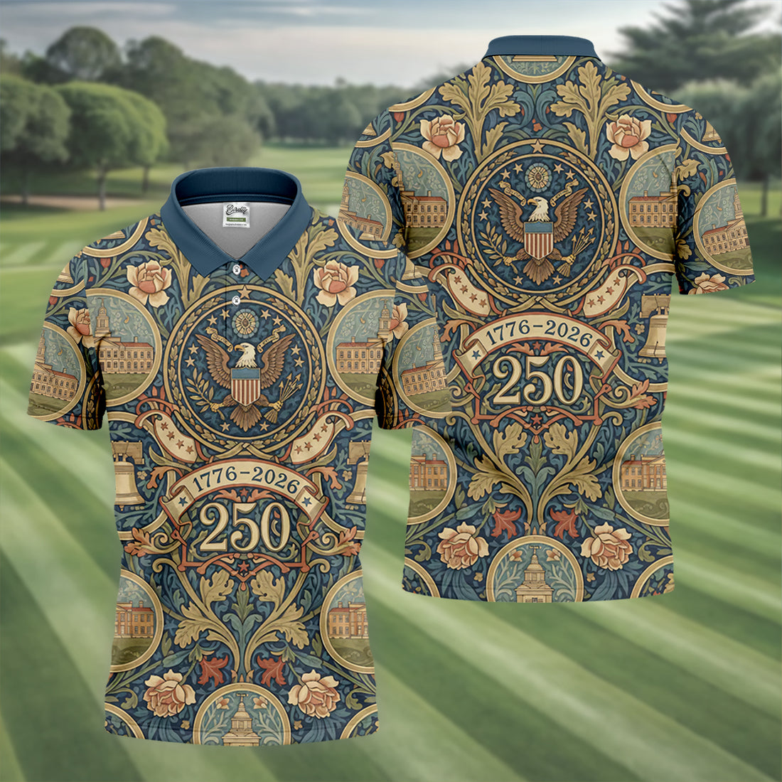 250th Anniversary Semiquincentennial American Landmarks Floral Golf Shirt, Golf Shirts For Men, Patriotic Golf Shirt