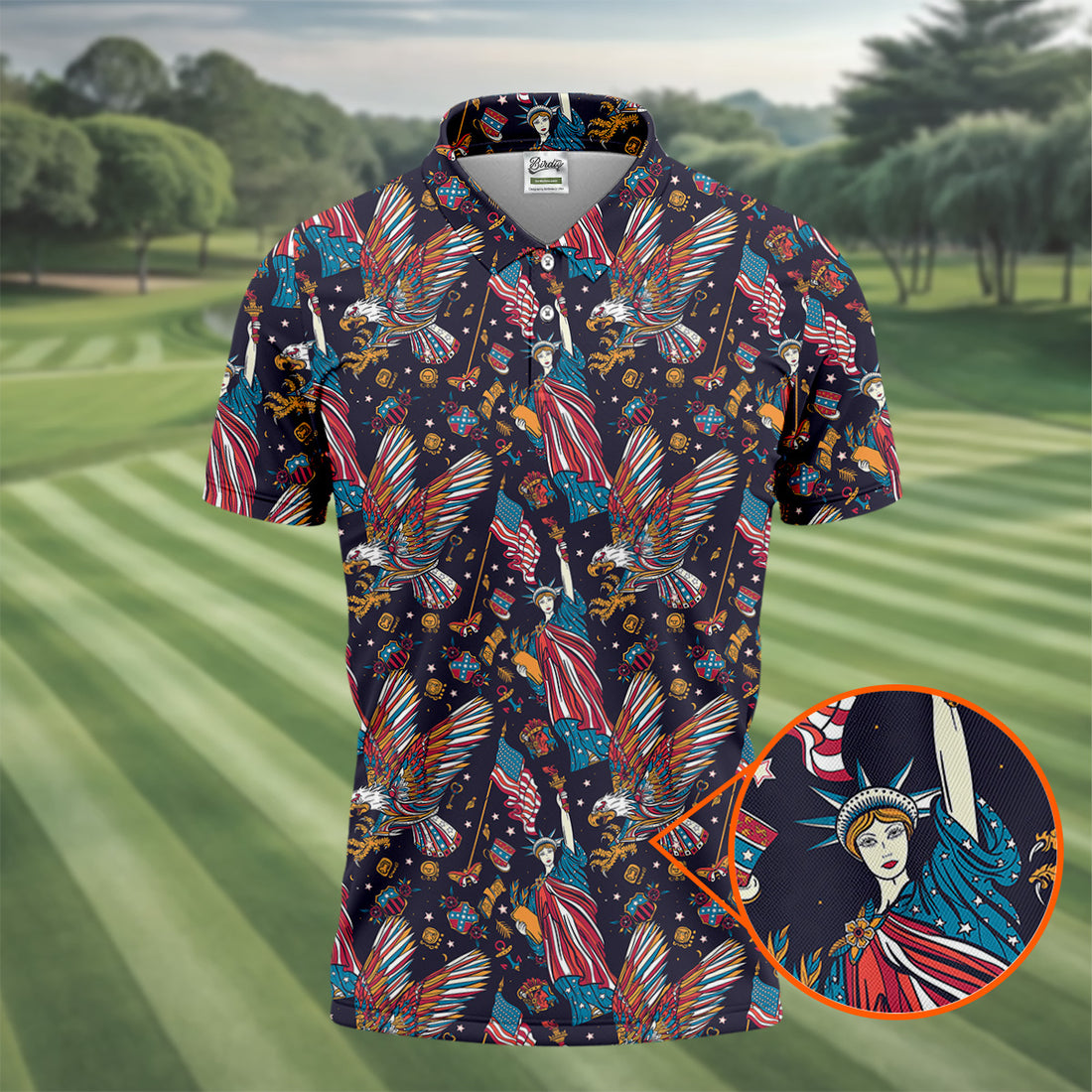 Patriotic American Eagle With Flag Statue Of Liberty Pattern 250th Anniversary Golf Shirts For Men