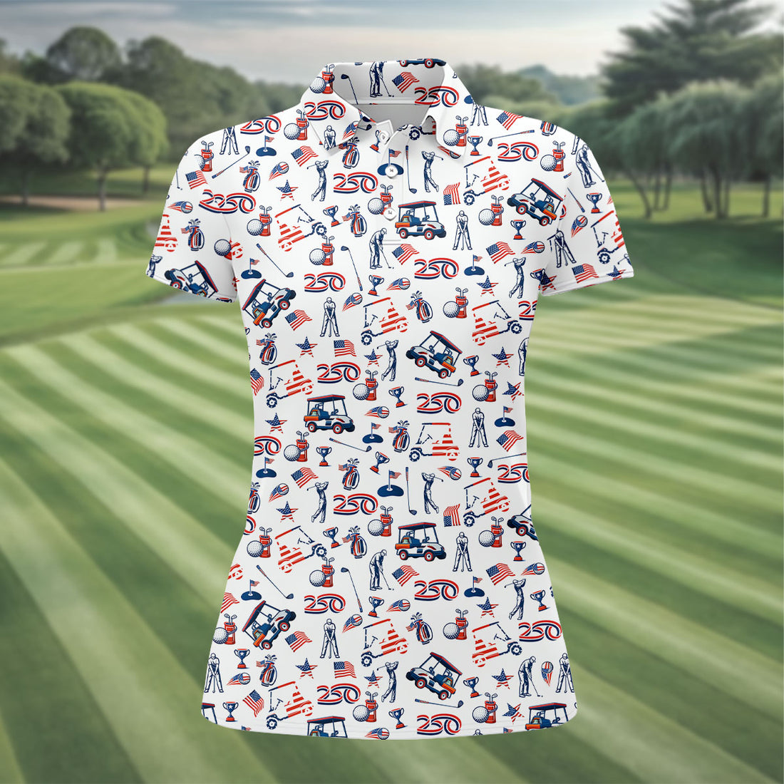 250th Anniversary US Flag Pattern Patriotic Golf Shirt, 4th Of July Women Golf Top, Ladies Golf Shirts