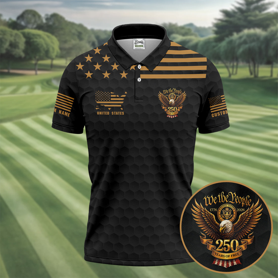 We The People 250 Years Golf Ball Pattern Black Golf Shirt, 4th Of July Patriotic Golf Shirts For Men