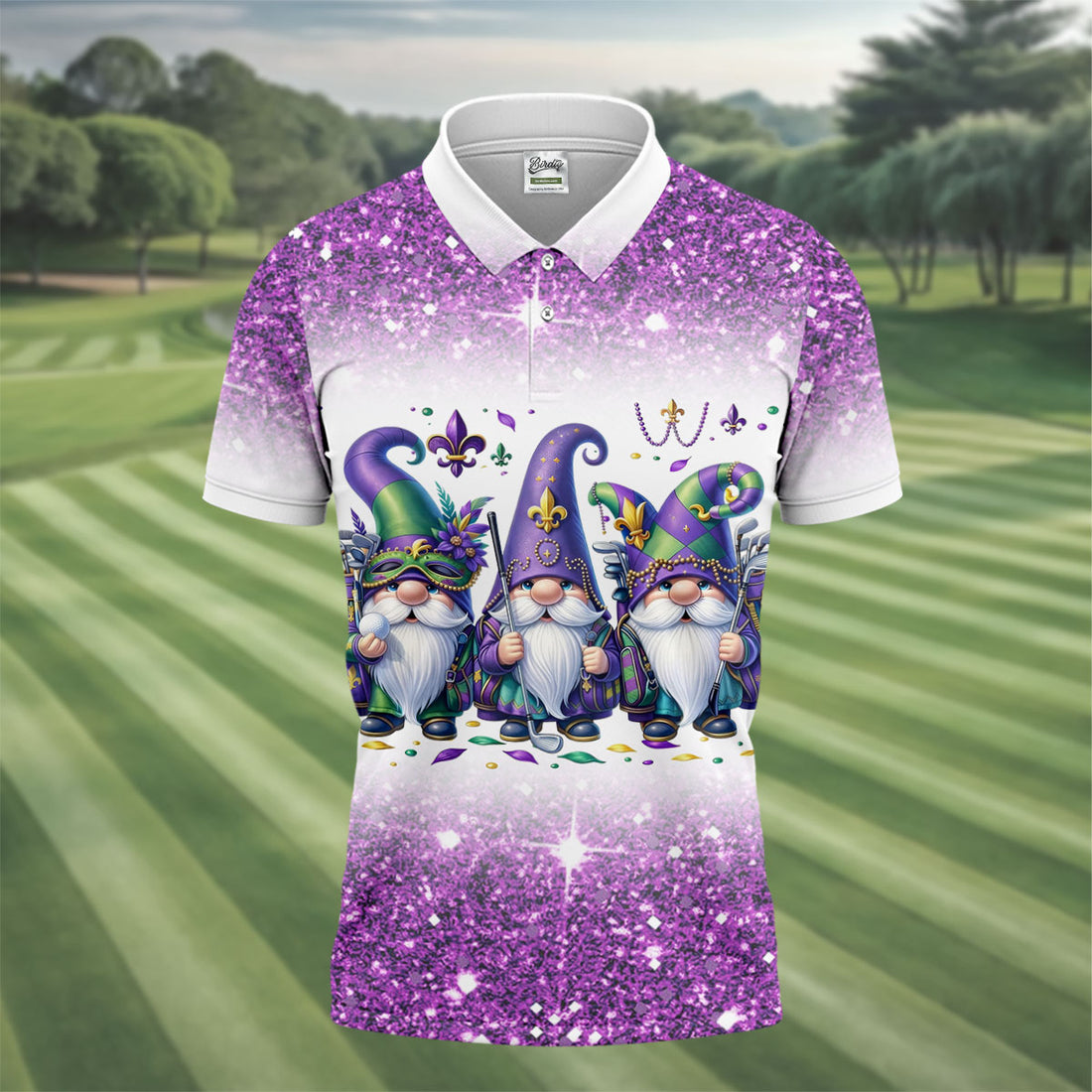 Mardi Gras Gnomes Fleur De Lis Glitter Effect Golf Tops For Men, Polo Shirts For Men, Golf Shirts For Men