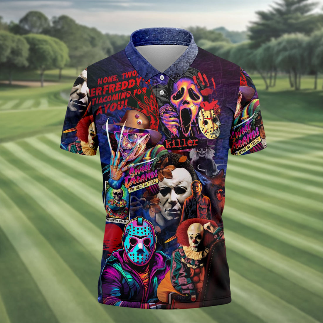 Vintage Horror Character Movie Villain Collage Golf Polo Shirt, Mens Golf Polo, Hawaiian Golf Shirt