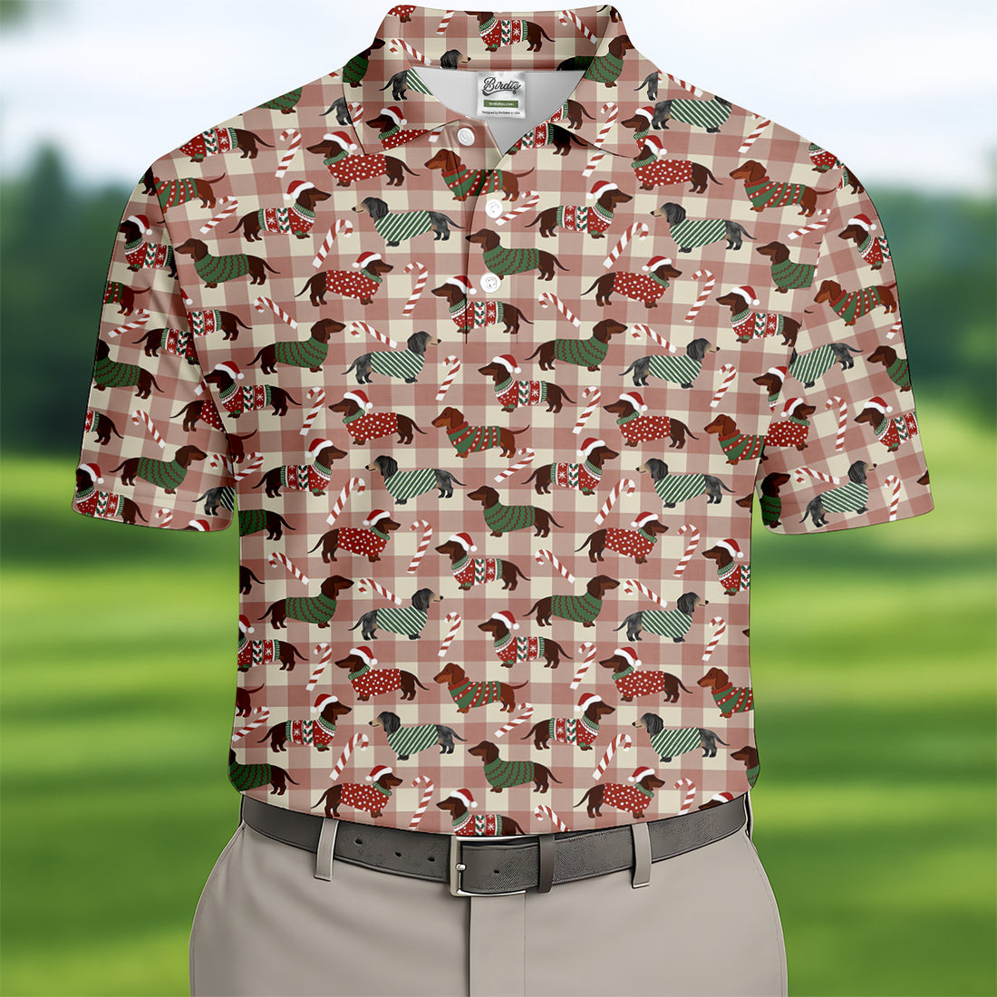 Christmas Dachshund Pink Checkered Golf Tops For Men, Christmas Golf Shirt, Polo Shirts For Men