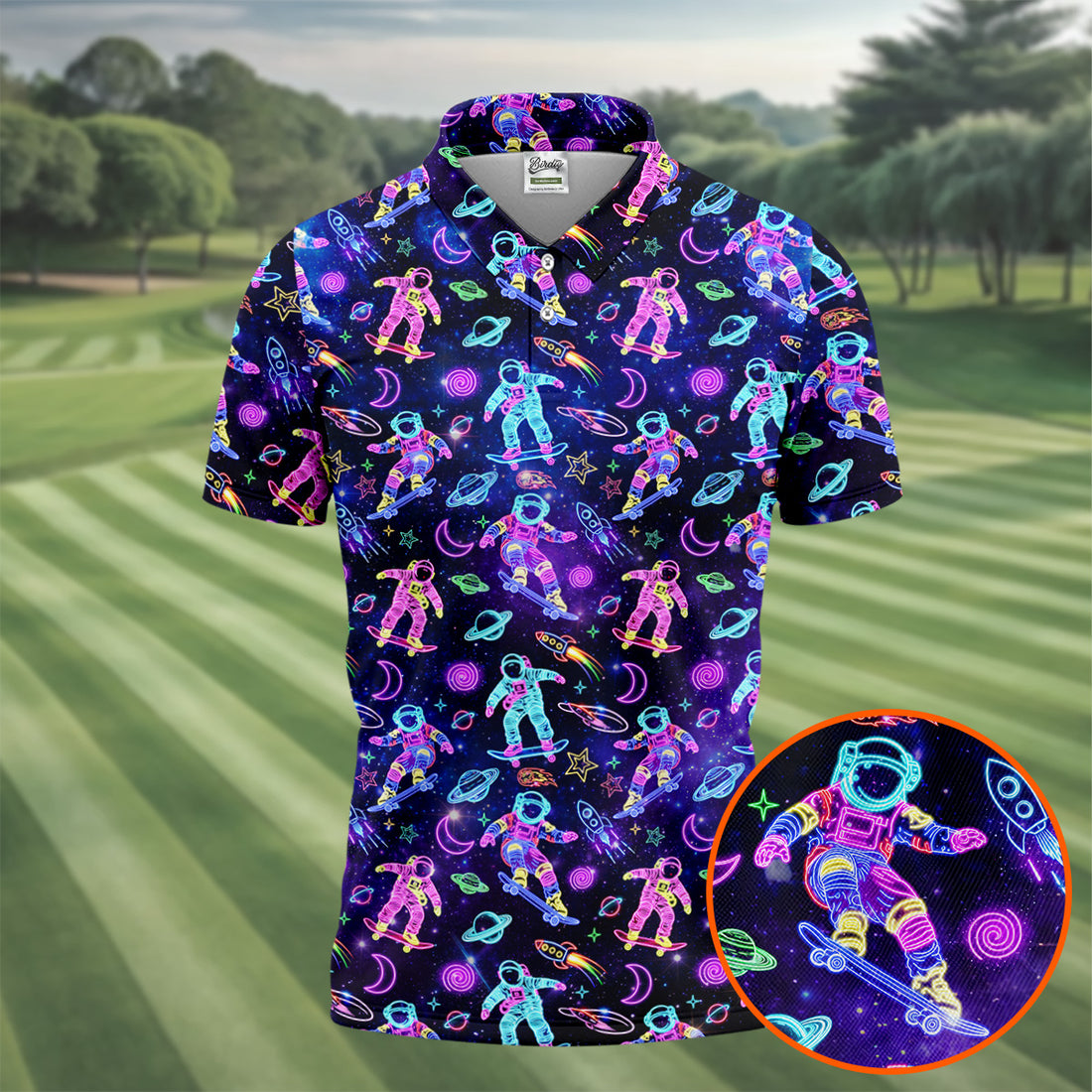 Neon Astronaut Skateboarding Galaxy Polo Shirt, Mens Golf Shirts, Golf Polo Shirts For Men, Printed Golf Shirts