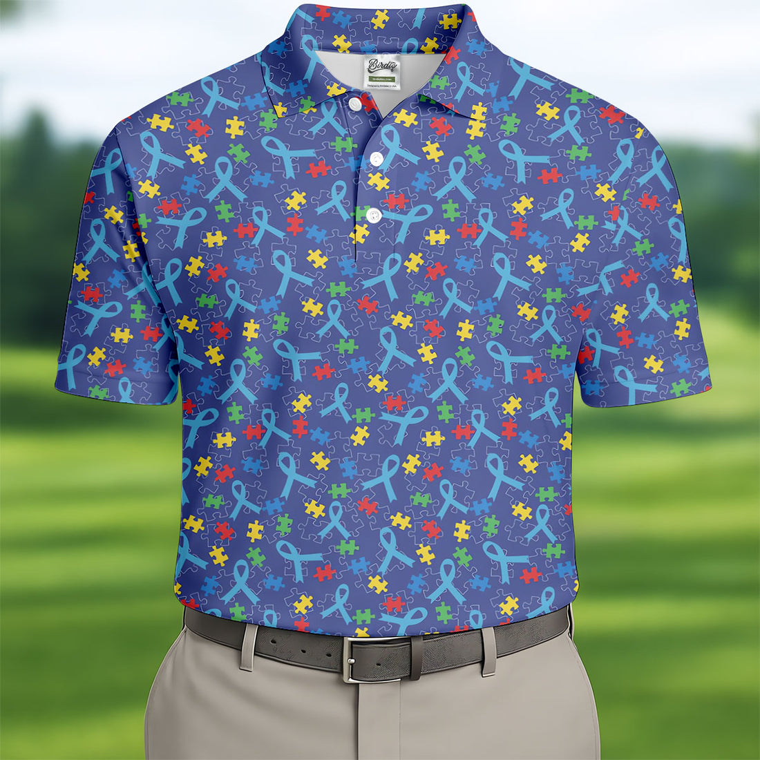 Autism Puzzle Ribbon Pattern Golf Tops For Men, Autism Awareness Color Polo Shirts For Men, Golf Shirts For Men