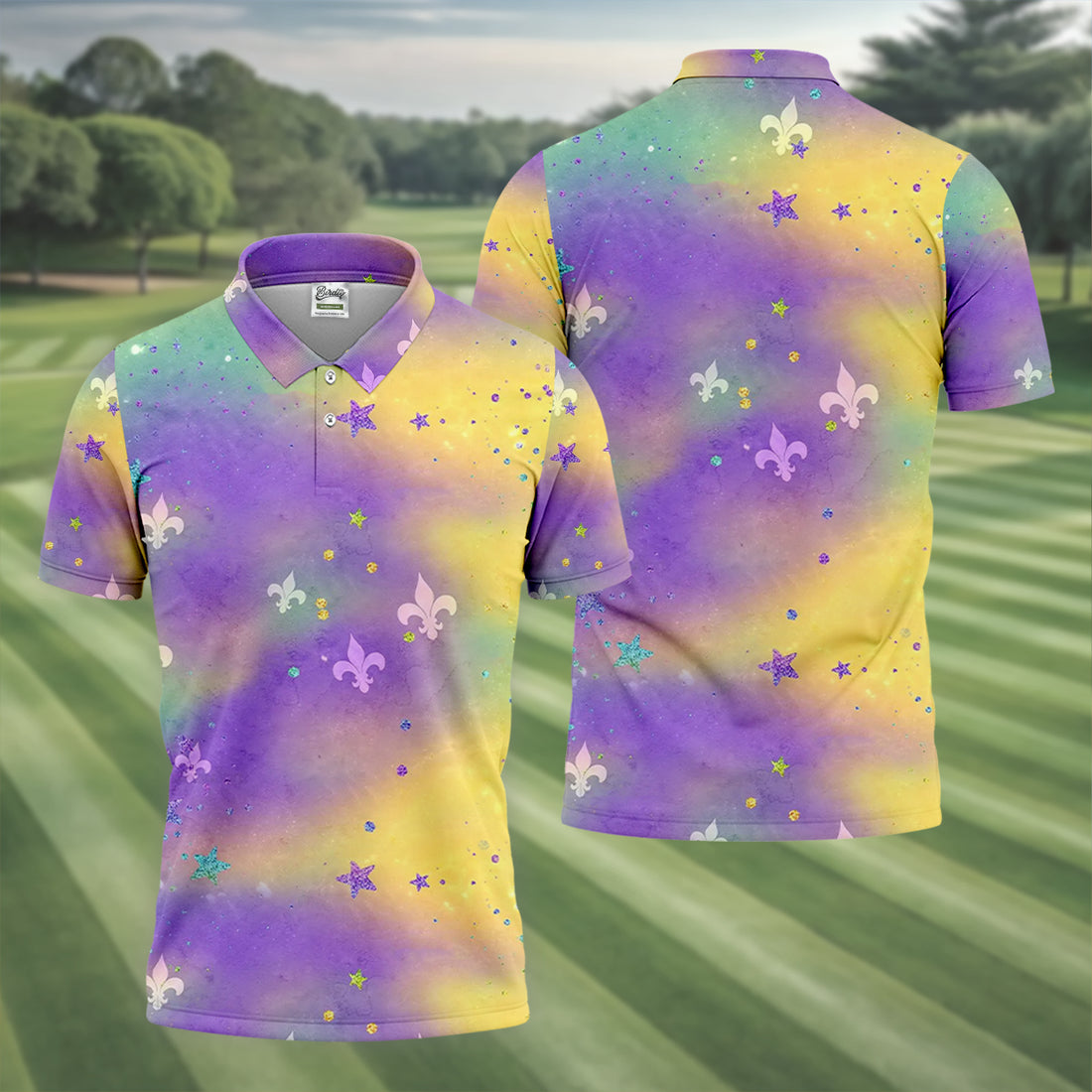 Fleur-De-Lis Symbol Green Gold Purple Blended Color Mardi Gras Golf Shirt, Golf Tops For Men, Polo For Men