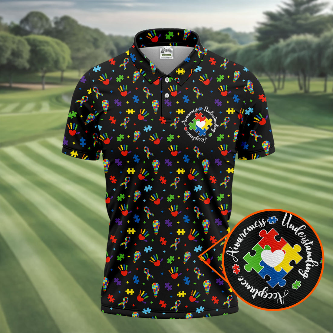 Awareness Understanding Acceptance Autism Ribbon Black Golf Shirt, Autism Awareness Colors Golf Shirts For Men
