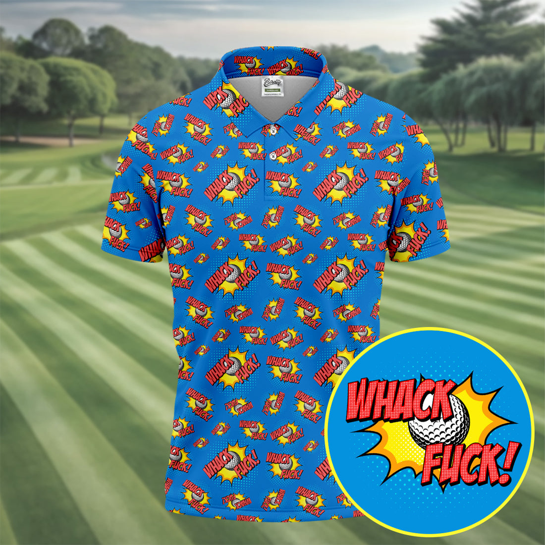 Whack F*ck Comic Golf Ball Blue Polo Shirt, Funny Golf Shirt, Golf Shirts For Men