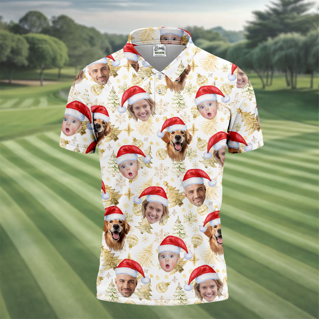 Custom Face Xmas Pattern Golden Print Christmas Golf Shirt, Golf Gift For Men, Golf Shirts For Men