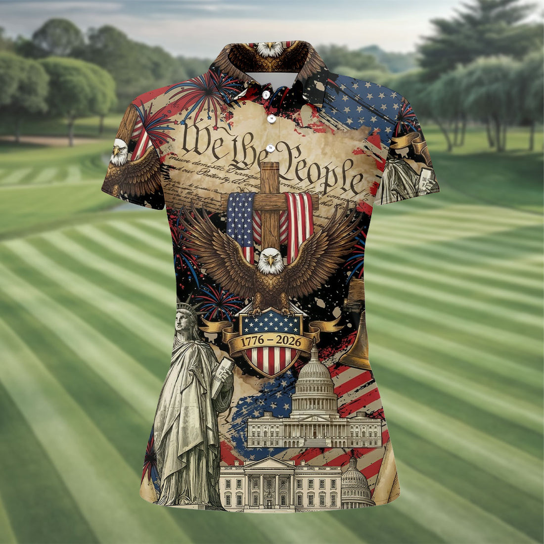 Patriotic Eagle Statue Of Liberty We The People 250 Years Ladies Golf Tops, 4th Of July Golf Shirt For Women
