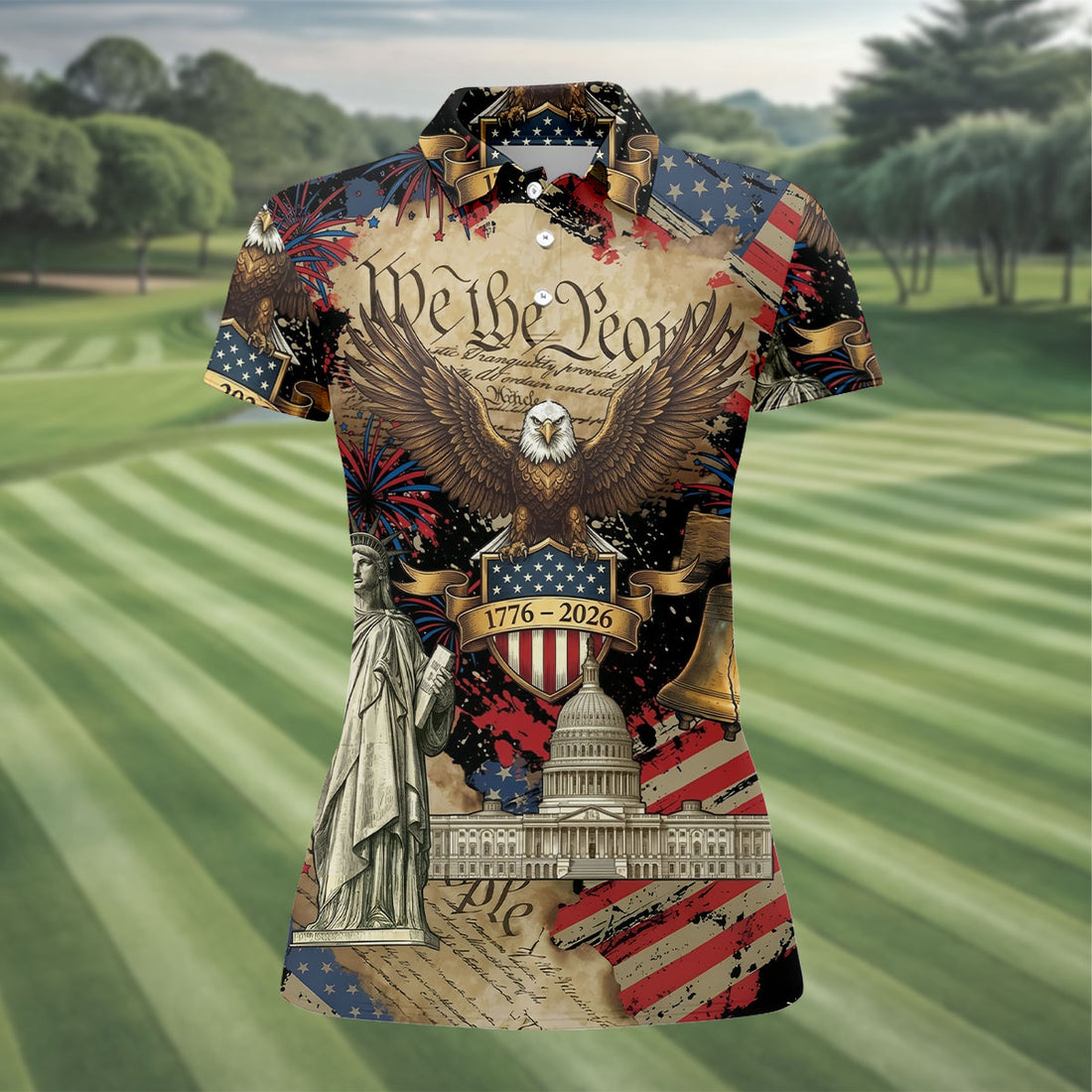 We The People Patriotic Eagle Statue Of Liberty 250 Years Ladies Golf Tops, 4th Of July Golf Shirt For Women