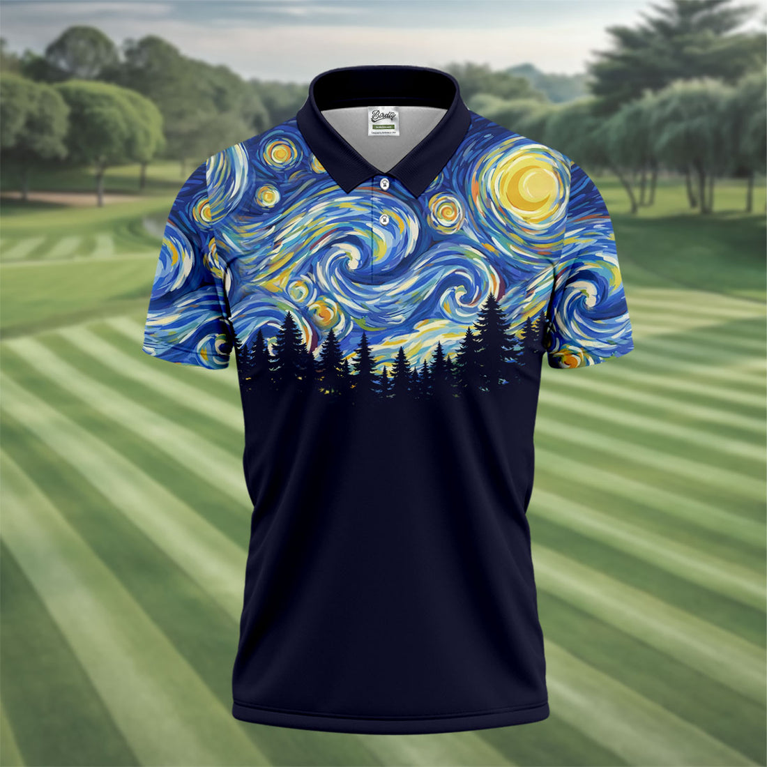 Van Gogh Inspired Starry Night Forest Hawaiian Golf Polo, Golf Tops For Men, Golfing Apparel