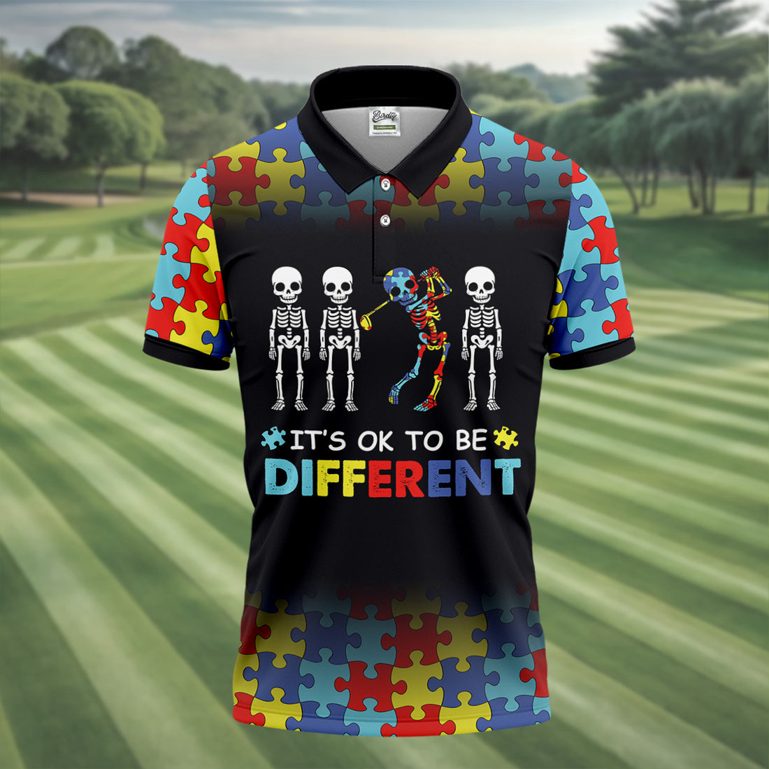 It's Ok To Be Different Men Polo Shirt, Autism Awareness Puzzle Pattern Black Fade Golf Shirts For Men, Autism Golf Shirt