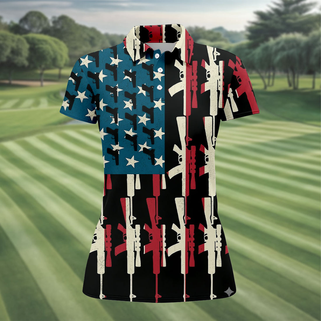 American Flag Pattern Army Theme Patriotic Golf Shirt, 250th Anniversary Ladies Golf Tops, Golf Shirt For Women