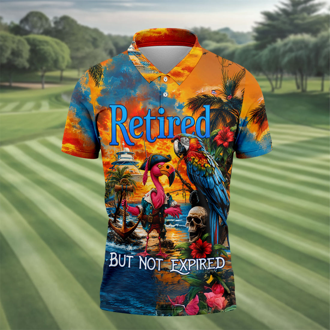 Retired Parrot Flamingo Pirate Tropical Golf Shirt, Mens Golf Polo, Hawaiian Golf Shirt, Golf Apparel For Men