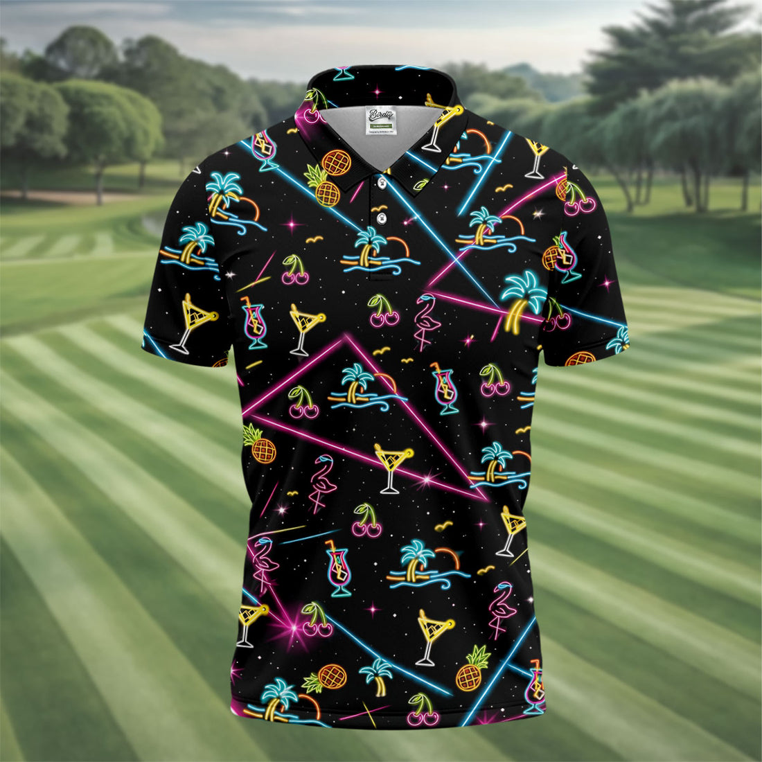 Tropical Flamingo Neon Line Hawaiian Golf Shirt, Men's Golf Shirt, Polo Shirts For Men
