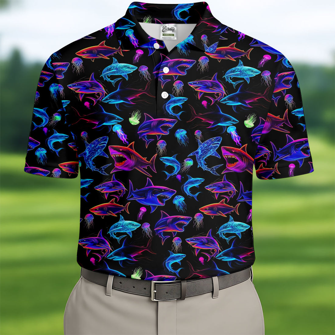 Neon Shark Funny Golf Shirt, Golf Tops For Men, Polo Shirts For Men, Golf Shirts For Men