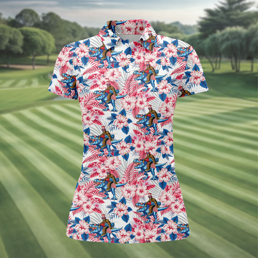 Patriotic T-Rex Bigfoot Hawaiian Floral Golf Shirt, 250 Years 4th Of July Golf Shirt For Women