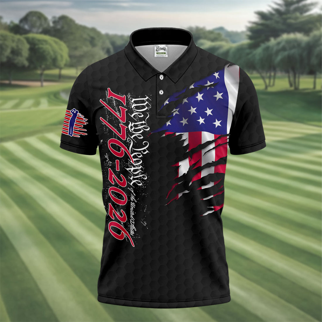 We The People Distressed American Flag Black Golf Shirt, 4th Of July Golf Shirts For Men