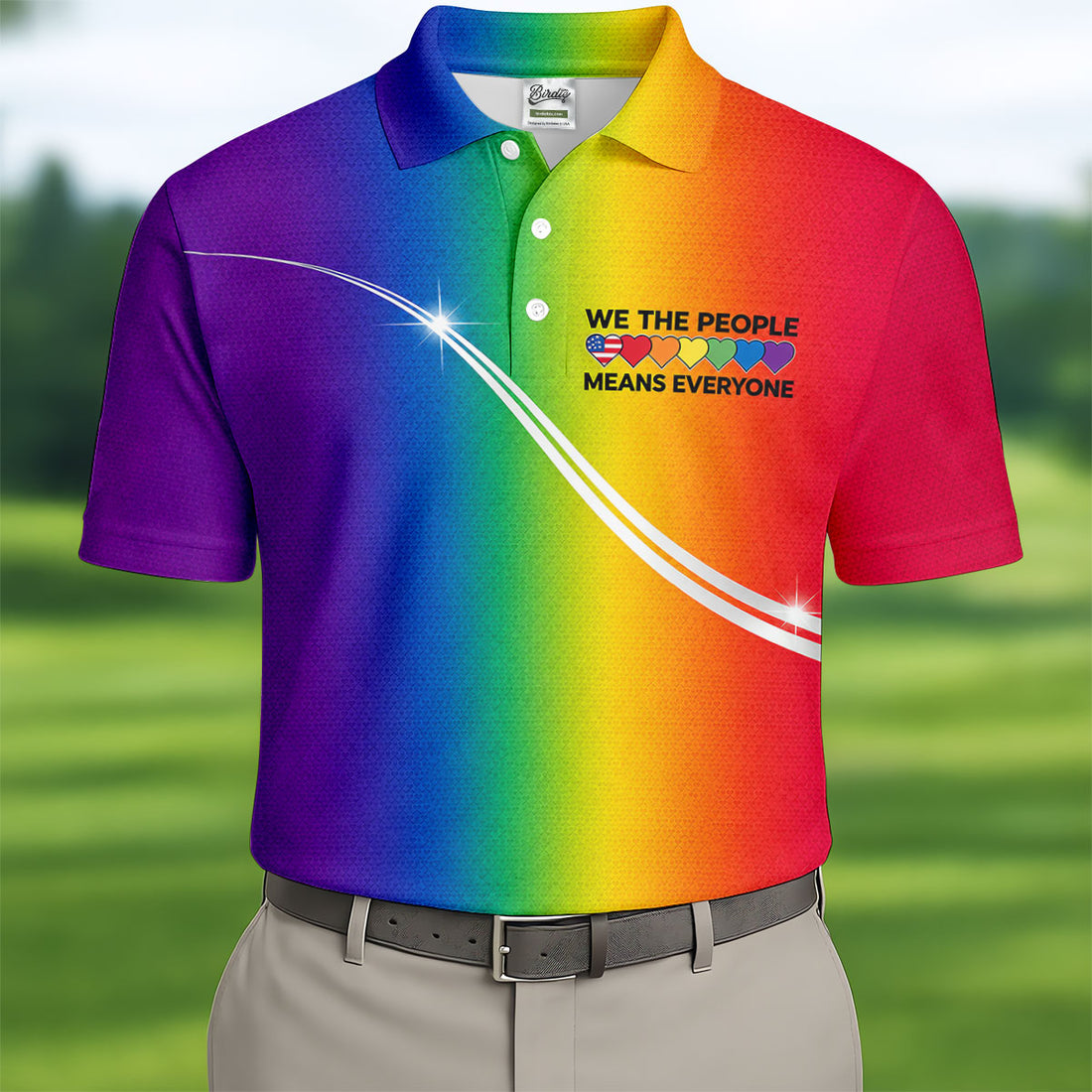 We The People Means Everyone LGBT Rainbow Gradient Golf Tops For Men, Pride Month Golf Shirts For Men